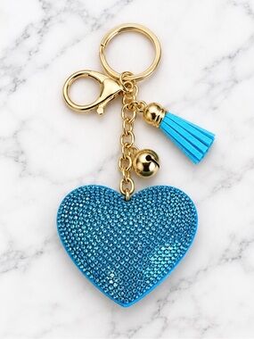 Bag Charm/Keyring-Blue Heart Rhinestone Charm with Tassel-Gold Hardware